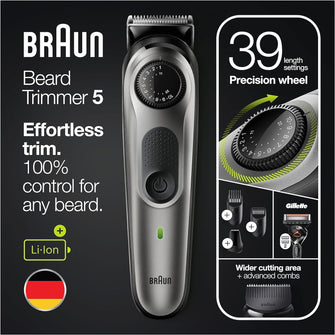 Braun Beard Trimmer Series 5 & Hair Clippers with Gillette Fusion5 ProGlide Razor, 39 Length Settings, UK 2 Pin Plug, BT5260, Black/Silver - 2