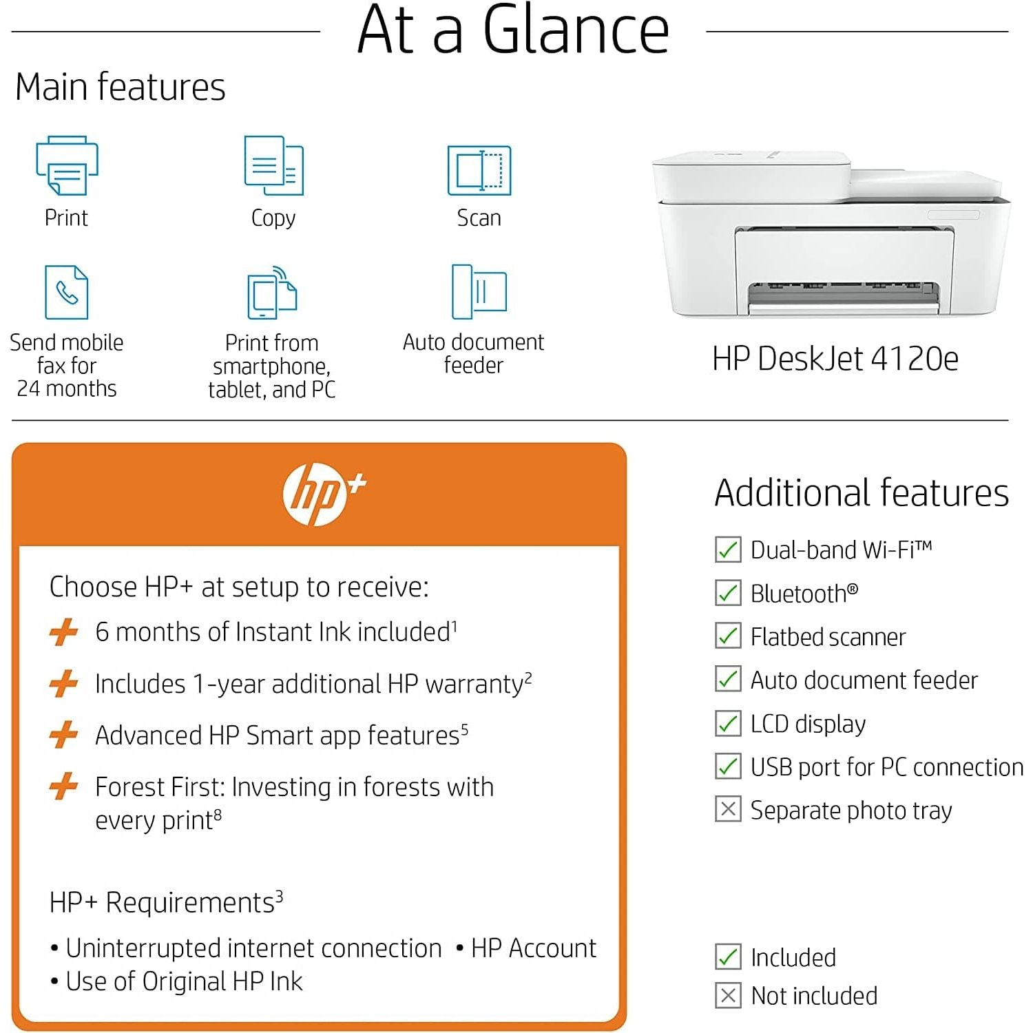 HP DeskJet 4120e All in One Colour Printer with 6 months of Instant Ink included with HP+, White