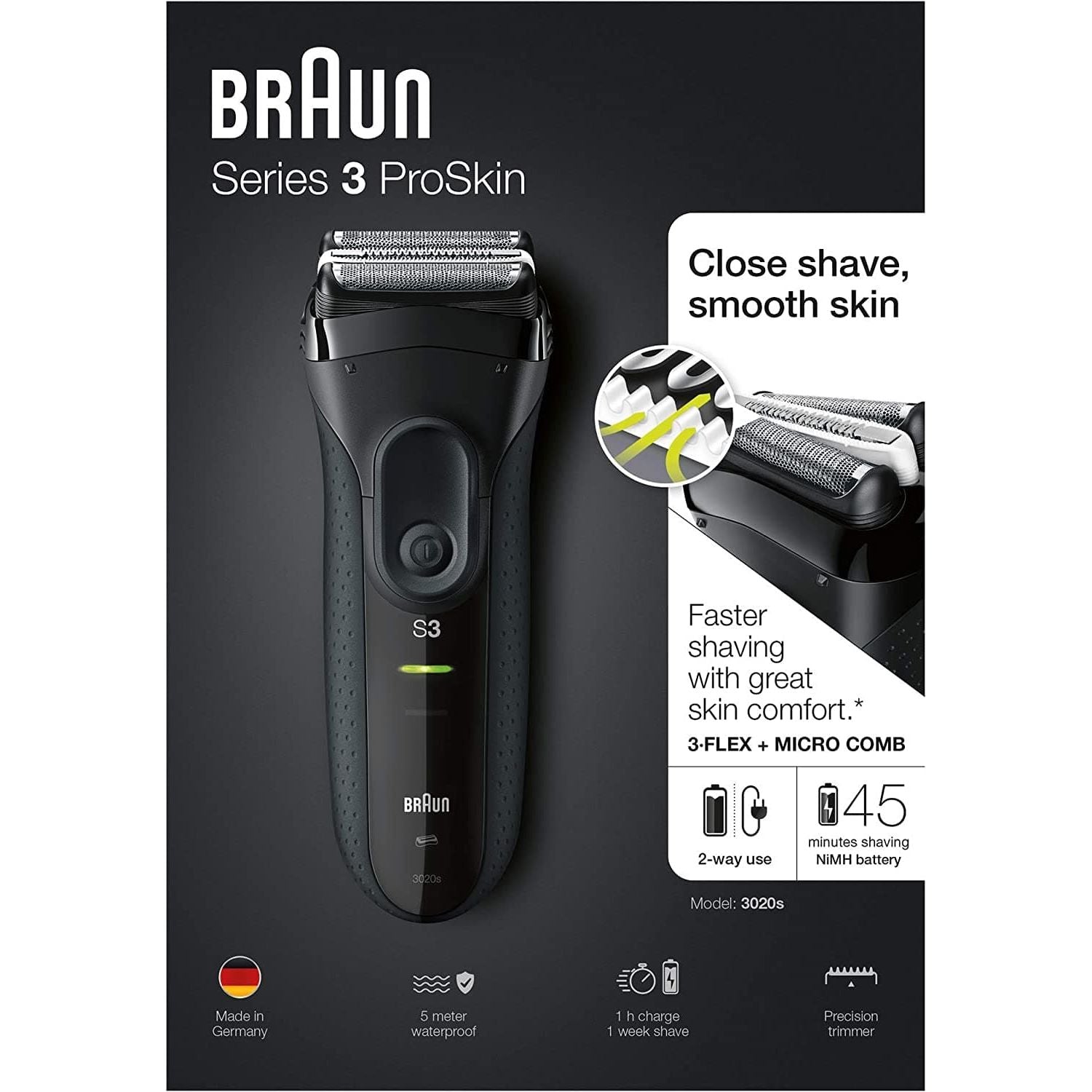 Braun Series 3 ProSkin Electric Shaver, Electric Razor for Men With Pop Up Precision Trimmer, Cordless, Wet & Dry, Gifts For Men, UK 2 Pin Plug, 3020s, Black Razor - Gadcet.com