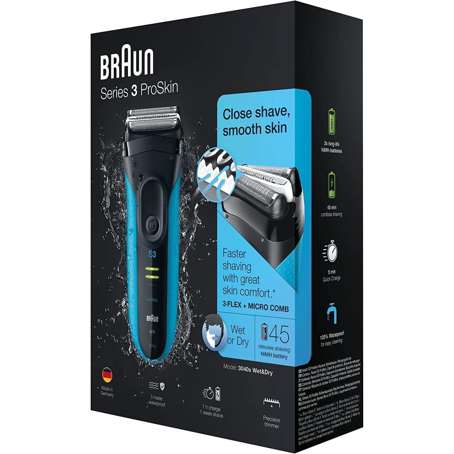 Buy Braun,Braun Series 3 ProSkin Electric Shaver, Electric Razor For Men With Pop Up Precision Trimmer, Sensitive Blades, Wet & Dry, Rechargeable & Cordless, 2 Pin Bathroom Plug, 3040s, Black/Blue Razor - Gadcet.com | UK | London | Scotland | Wales| Ireland | Near Me | Cheap | Pay In 3 | Health Care