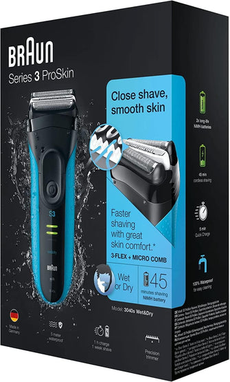 Buy Braun,Braun Series 3 ProSkin Electric Shaver, Electric Razor For Men With Pop Up Precision Trimmer, Sensitive Blades, Wet & Dry, Rechargeable & Cordless, 2 Pin Bathroom Plug, 3040s, Black/Blue Razor - Gadcet.com | UK | London | Scotland | Wales| Ireland | Near Me | Cheap | Pay In 3 | Health Care