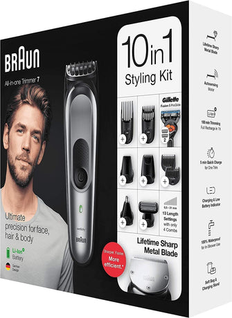 Braun All-in-one Trimmer 7 MGK7221, 10-in-1 Beard Trimmer for Men, Hair Clipper, For Face, Hair, Body, Ear, Nose, With AutoSense Technology, 8 Attachments, Black/Metallic Grey