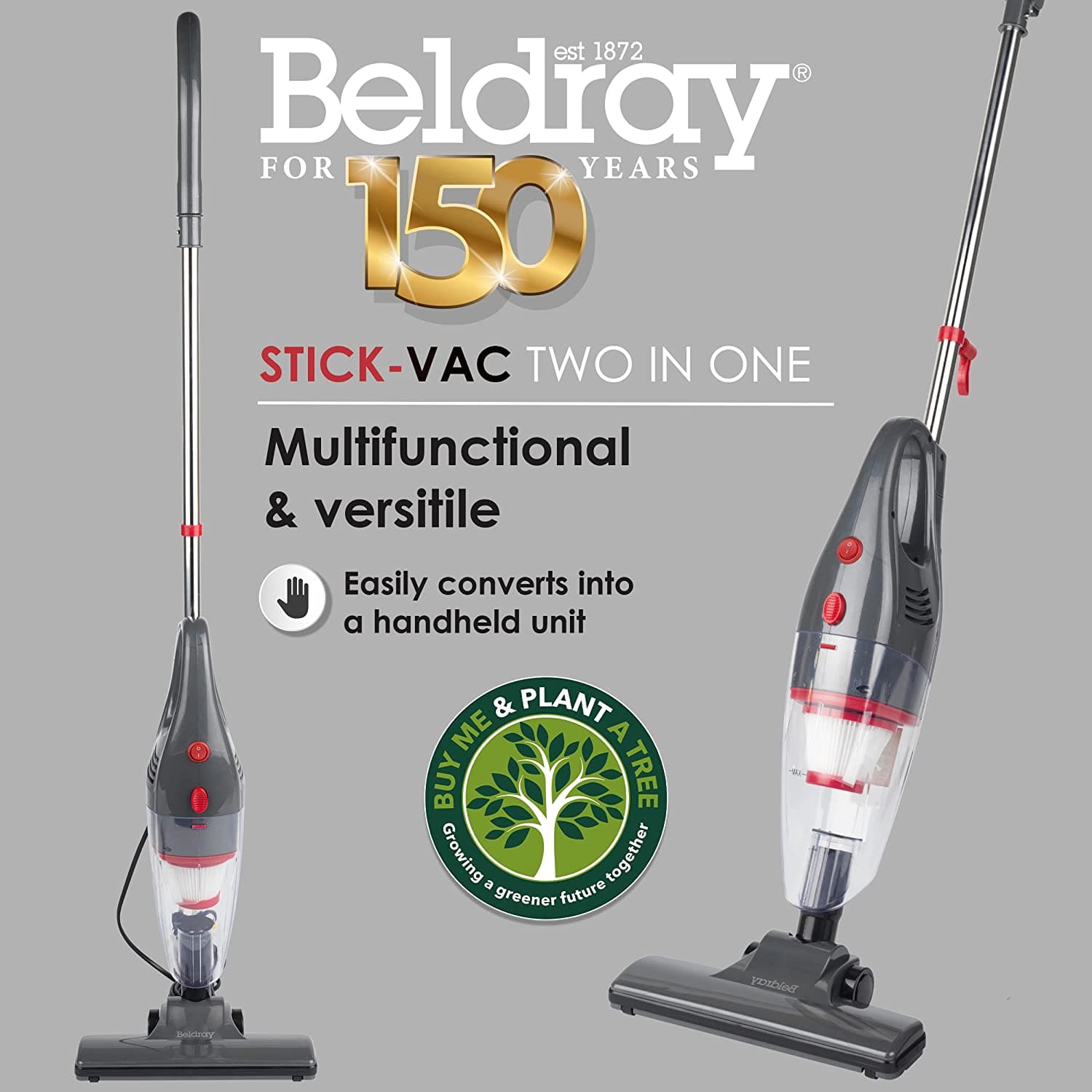 Gadcet.com,Beldray BEL0770N-GRY 2-in-1 Multifunctional Stick & Handheld Vacuum Cleaner, Lightweight Vac, Multi-Surface Upright Vac, Bagless, HEPA Filter, 1 L Dust Tank, 600 W, Crevice/Brush Tool, Grey - Gadcet.com