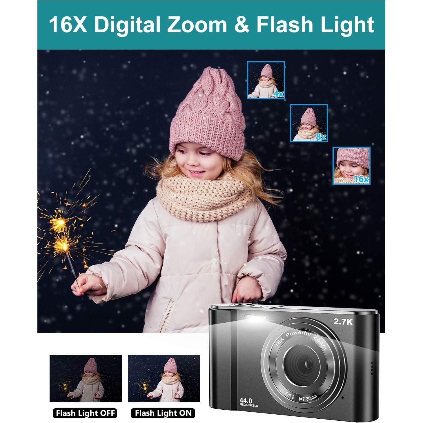 Digital Camera 2.7K Ultra HD Mini Video Camera 44MP 2.8 Inch LCD Rechargeable Students Compact Camera Pocket Camera with 16X Digital Zoom Youtube Vlogging Camera for Kids,Adult,Beginners