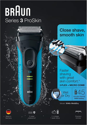 Buy Braun,Braun Series 3 ProSkin Electric Shaver, Electric Razor For Men With Pop Up Precision Trimmer, Sensitive Blades, Wet & Dry, Rechargeable & Cordless, 2 Pin Bathroom Plug, 3040s, Black/Blue Razor - Gadcet.com | UK | London | Scotland | Wales| Ireland | Near Me | Cheap | Pay In 3 | Health Care