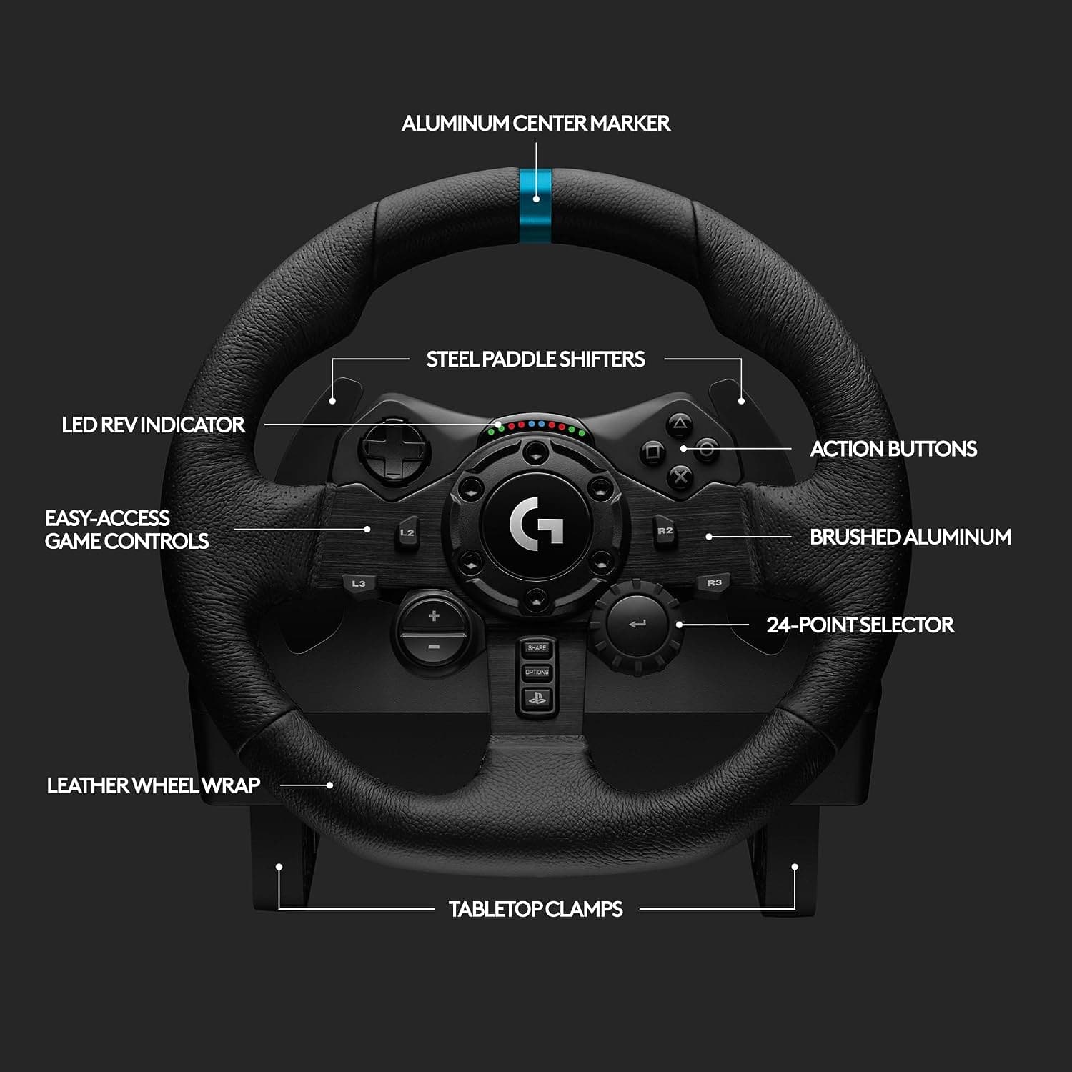 Logitech G923 Racing Wheel and Pedals, TRUEFORCE up to 1000 Hz Force Feedback, Responsive Driving Design, Dual Clutch Launch Control, Genuine Leather Wheel Cover, for PS5, PS4, PC, Mac - Black - 7