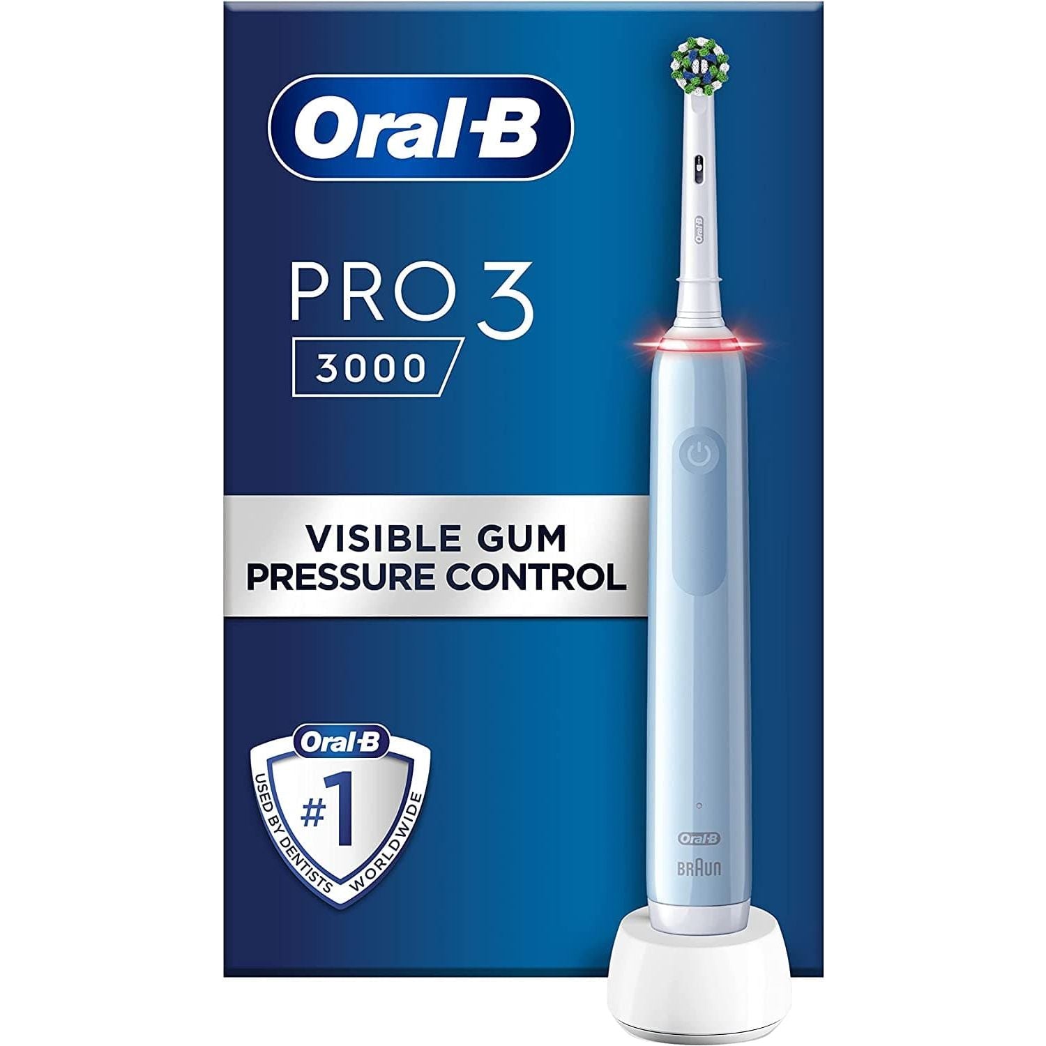 Oral-B,Oral-B Pro 3 Electric Toothbrush with Smart Pressure Sensor, 1 Cross Action Toothbrush Head, 3 Modes with Teeth Whitening -Blue - Gadcet.com