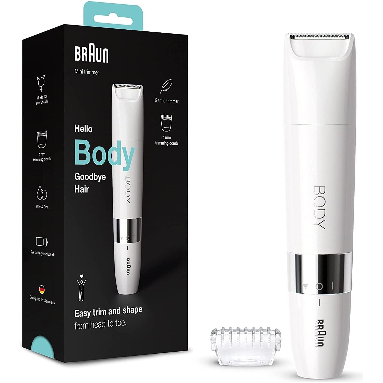 Braun,Braun Body Mini Trimmer, Gentle Body Hair Removal, Precision Trimmer, Wet & Dry, 100% Waterproof, BS1000, White - Gadcet.com