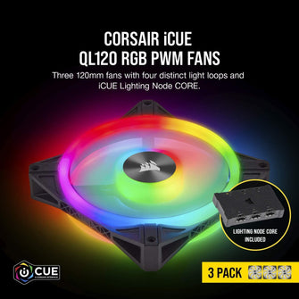 Buy Corsair,Corsair iCUE QL120 RGB, 120 mm RGB LED PWM Fans (102 Individually Addressable RGB LEDs, Speeds Up to 1,500 RPM, Low-Noise) Triple Pack with iCUE Lighting Node CORE Included - Black - Gadcet.com | UK | London | Scotland | Wales| Ireland | Near Me | Cheap | Pay In 3 | Computer Accessories