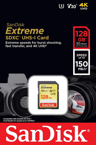 SanDisk Extreme SDXC Memory Card, Up to 150 MB/s, Class 10, U3, V30, 128 GB