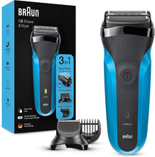 Braun Series 3 Men's 3-in-1 Electric Shaver, Beard Trimmer with 5 Comb Attachments, Rechargeable and Wireless Electric Shaver, 30 Minutes Runtime, Wet&Dry, 310BT, Black/Blue