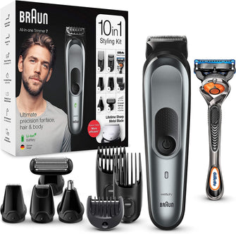 Braun All-in-one Trimmer 7 MGK7221, 10-in-1 Beard Trimmer for Men, Hair Clipper, For Face, Hair, Body, Ear, Nose, With AutoSense Technology, 8 Attachments, Black/Metallic Grey