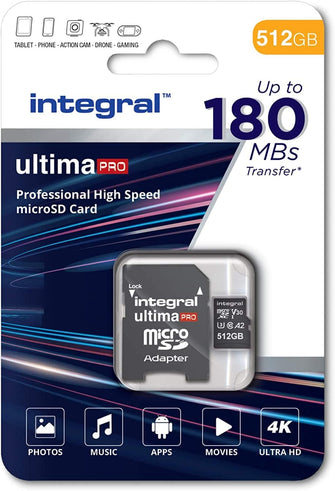 Integral 512GB Micro SD Card 4K Video Read Speed 180MB/s and Write Speed 150MB/s - Black