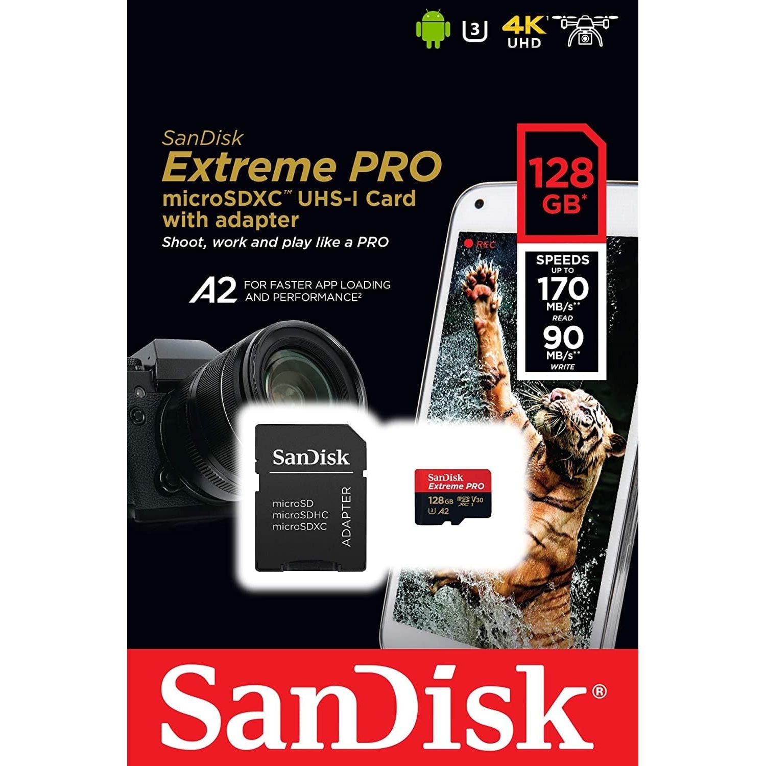 SanDisk Extreme Pro 128GB microSDXC Memory Card + SD Adapter with A2 App Performance + Rescue Pro Deluxe 170MB/s Class 10