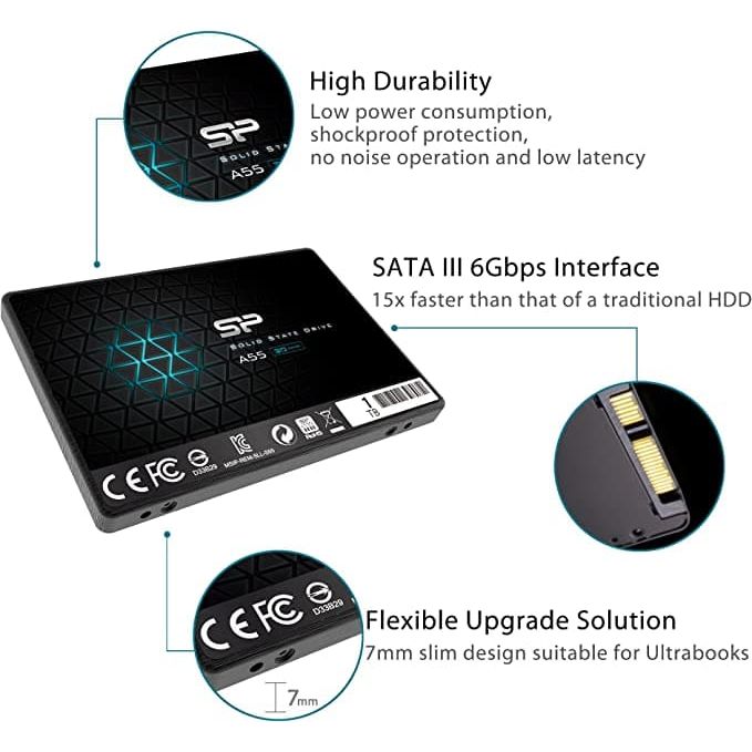 Silicon Power-1TB SSD 3D NAND A55 SLC Cache Performance Boost SATA III 2.5" 7mm (0.28") Internal Solid State Drive