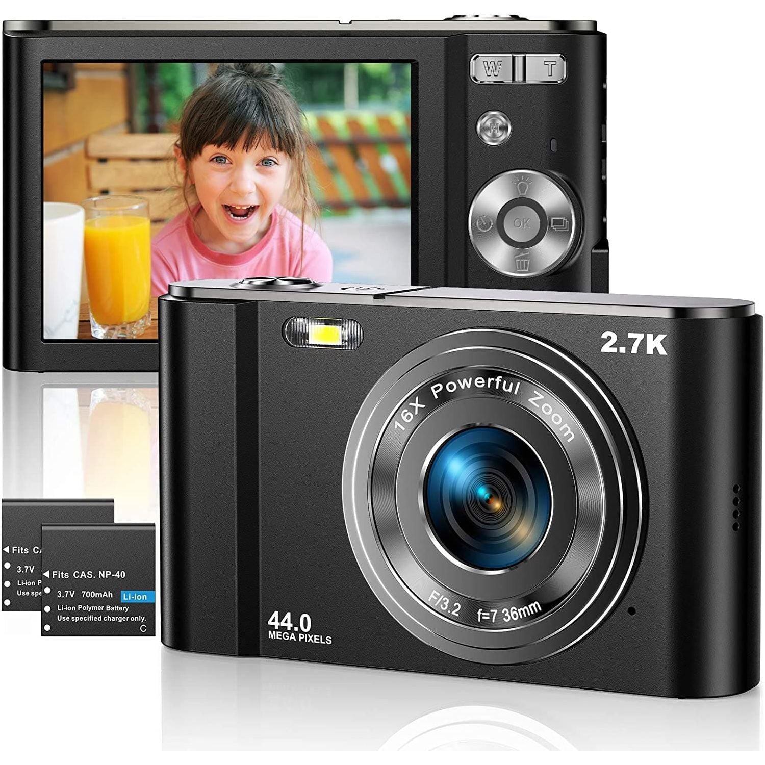 Digital Camera 2.7K Ultra HD Mini Video Camera 44MP 2.8 Inch LCD Rechargeable Students Compact Camera Pocket Camera with 16X Digital Zoom Youtube Vlogging Camera for Kids,Adult,Beginners