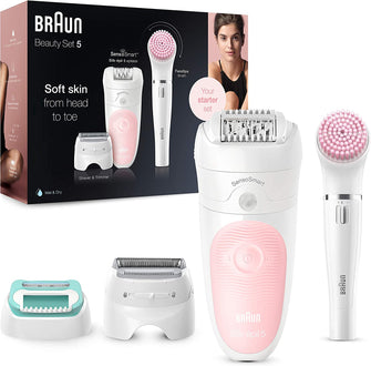 Buy Braun,Braun Silk-épil 5 Beauty Set, 4-in-1 SensoSmart Epilator For Hair Removal, With Lady Shaver & Trimmer Head, Facial Cleansing Brush, UK 2 Pin Plug, 5-875, White/Pink - Gadcet.com | UK | London | Scotland | Wales| Ireland | Near Me | Cheap | Pay In 3 | Shaver & Trimmer