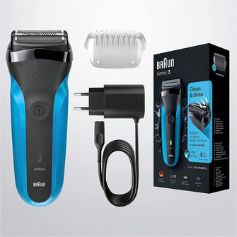 Braun Series 3 Men's 3-in-1 Electric Shaver, Beard Trimmer with 5 Comb Attachments, Rechargeable and Wireless Electric Shaver, 30 Minutes Runtime, Wet&Dry, 310BT, Black/Blue