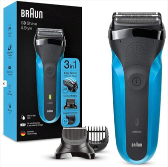 Braun Series 3 Men's 3-in-1 Electric Shaver, Beard Trimmer with 5 Comb Attachments, Rechargeable and Wireless Electric Shaver, 30 Minutes Runtime, Wet&Dry, 310BT, Black/Blue