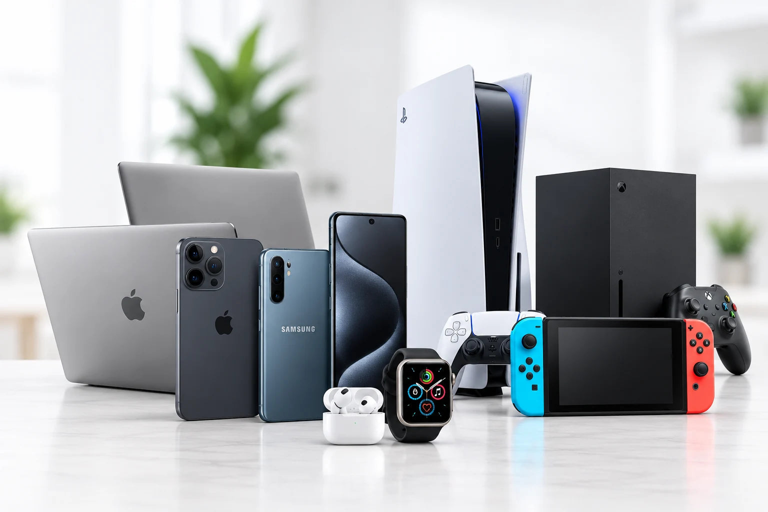 Illustrative arrangement of phones, laptops, gaming consoles, a smartwatch and earphones
